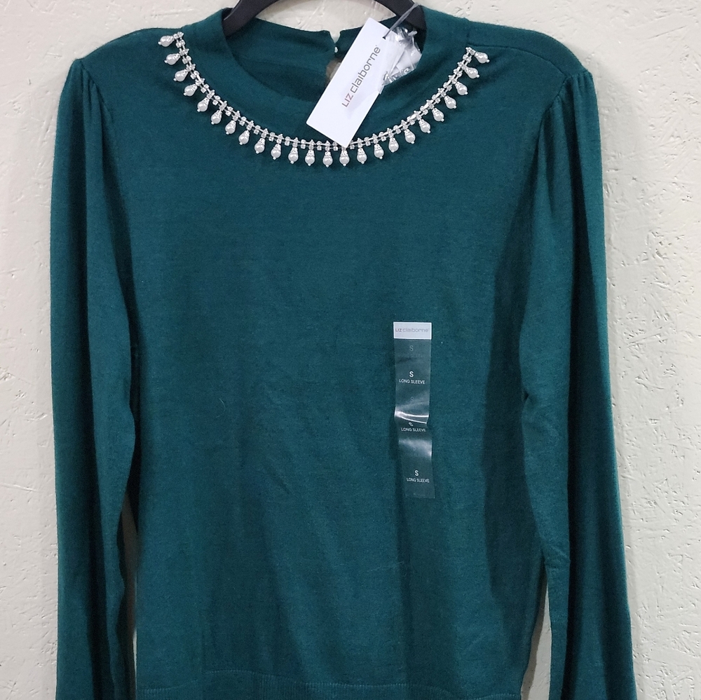 Liz Claiborhe Emerald Pearl Embellished  Long Sleeve Sweater‎ New